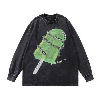 250 grammi Pullover da uomo lavato a manica lunga Retro Hip Hop Pullover a collo rotondo Tessuto