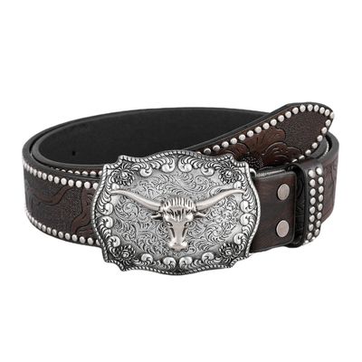 Unisex Vintage Cow Head Embossed PU Leather Belt con buccia di fissaggio Western Rivet Belt