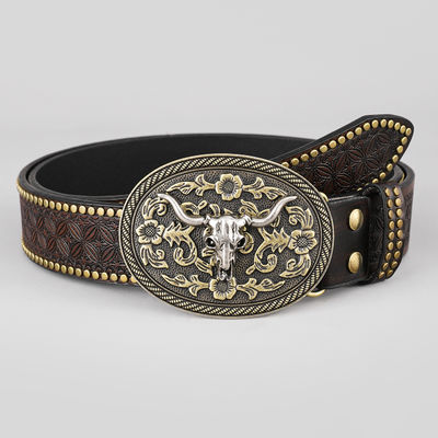 Unisex Vintage Cow Head Embossed PU Leather Belt con buccia di fissaggio Western Rivet Belt