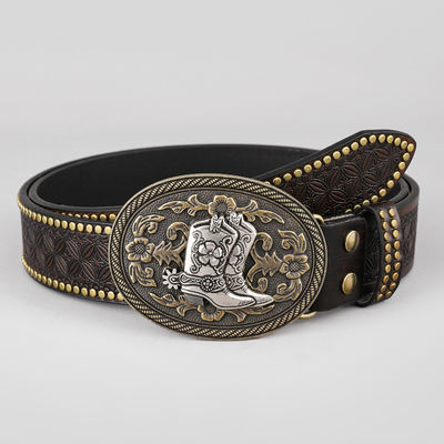 Unisex Vintage Cow Head Embossed PU Leather Belt con buccia di fissaggio Western Rivet Belt