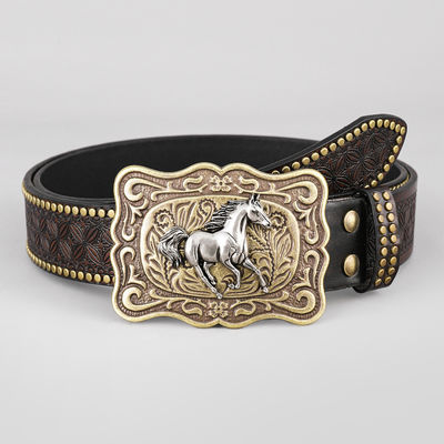Unisex Vintage Cow Head Embossed PU Leather Belt con buccia di fissaggio Western Rivet Belt