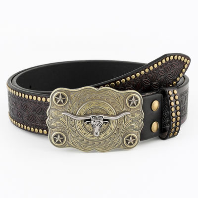 Unisex Vintage Cow Head Embossed PU Leather Belt con buccia di fissaggio Western Rivet Belt