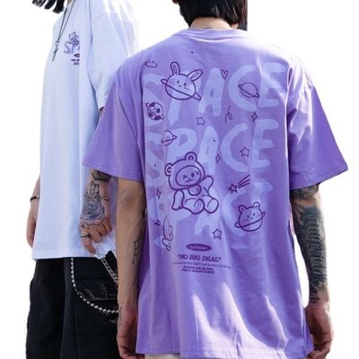 T-shirt da uomo unisex a manica corta Lettera di cartone animato di cotone Stampa con tessuto traspirante