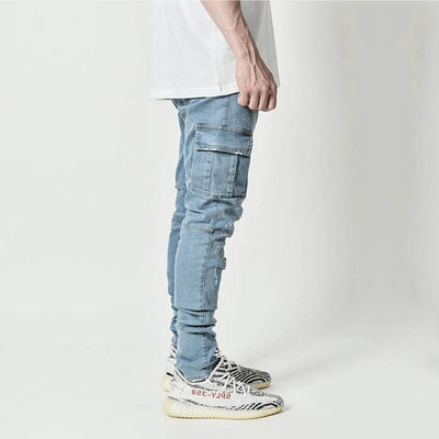 Cargo maschile Jeans magri con tasche laterali Pantaloni denim secchi veloci