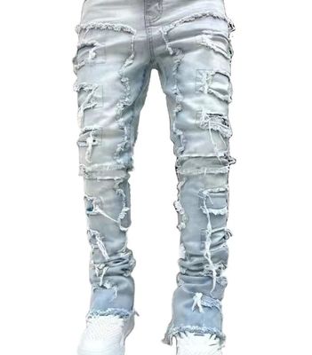 Stile di strada Stivali da uomo Taglio blu chiaro Tassel danneggiato Applique Jeans Spandex/Cottone