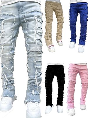 Stile di strada Stivali da uomo Taglio blu chiaro Tassel danneggiato Applique Jeans Spandex/Cottone
