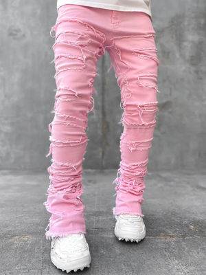 Stile di strada Stivali da uomo Taglio blu chiaro Tassel danneggiato Applique Jeans Spandex/Cottone