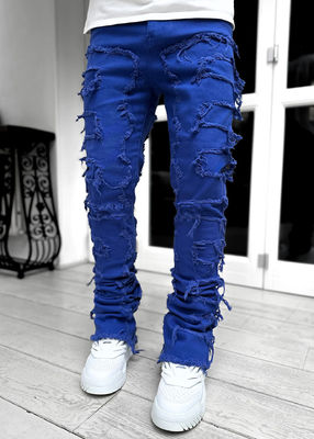 Stile di strada Stivali da uomo Taglio blu chiaro Tassel danneggiato Applique Jeans Spandex/Cottone