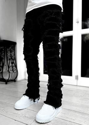 Stile di strada Stivali da uomo Taglio blu chiaro Tassel danneggiato Applique Jeans Spandex/Cottone