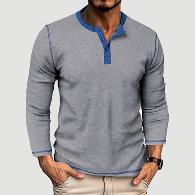 T-shirt da uomo a manica lunga bianca T-shirt da uomo di cotone Henley T-shirt leggeri con bottone T-shirt con collo rotondo