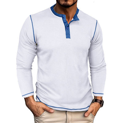T-shirt da uomo a manica lunga bianca T-shirt da uomo di cotone Henley T-shirt leggeri con bottone T-shirt con collo rotondo