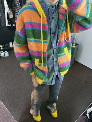 Disegni maschi Casual Striped Zip-up Hooded Cardigan a maglia di XMAMLON RTS