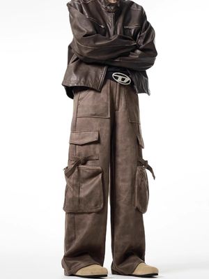 Pantaloni casual a gambe rette e sciolte per uomini Vintage con tasche multiple