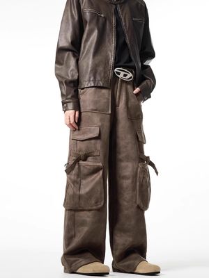 Pantaloni casual a gambe rette e sciolte per uomini Vintage con tasche multiple