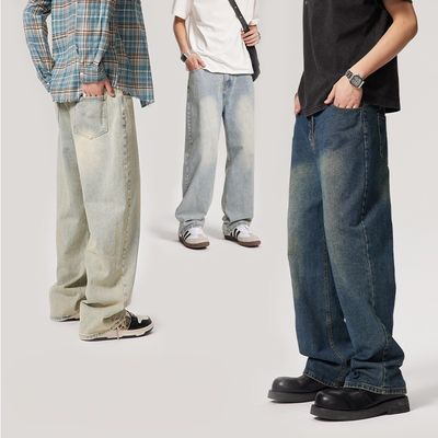 Pantaloni in denim da uomo con cintura media Pantaloni dritti lavati su misura con stampa a quadri leggera