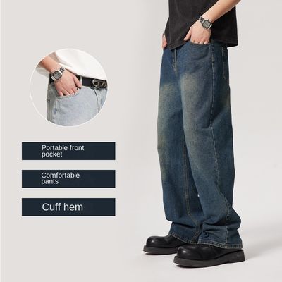 Pantaloni in denim da uomo con cintura media Pantaloni dritti lavati su misura con stampa a quadri leggera