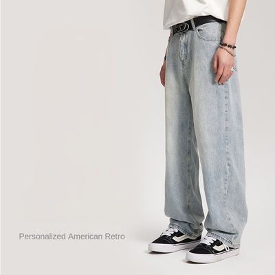 Pantaloni in denim da uomo con cintura media Pantaloni dritti lavati su misura con stampa a quadri leggera