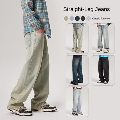 Pantaloni in denim da uomo con cintura media Pantaloni dritti lavati su misura con stampa a quadri leggera