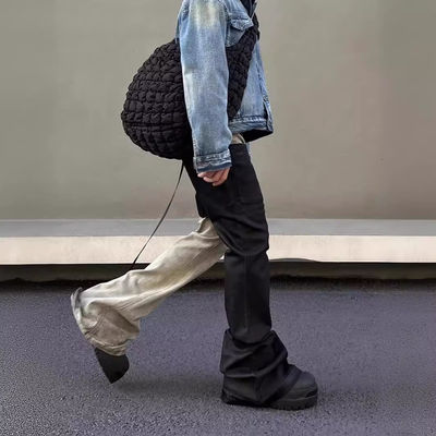 Mid Waist Denim Fabric Custom Washed Raw Edge Patchwork Flared Pants Jeans Per Uomini