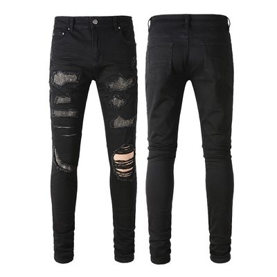 Fascia a doppio strato di design pieghevole nero Strass impilato jeans skinny denim per uomini