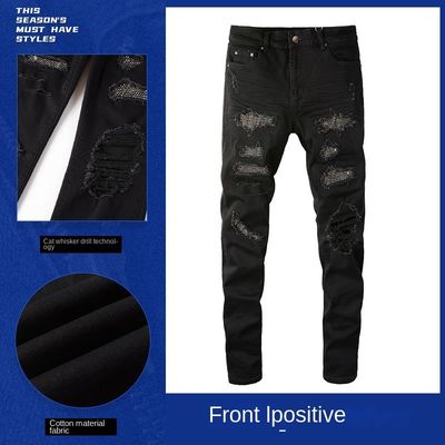Fascia a doppio strato di design pieghevole nero Strass impilato jeans skinny denim per uomini