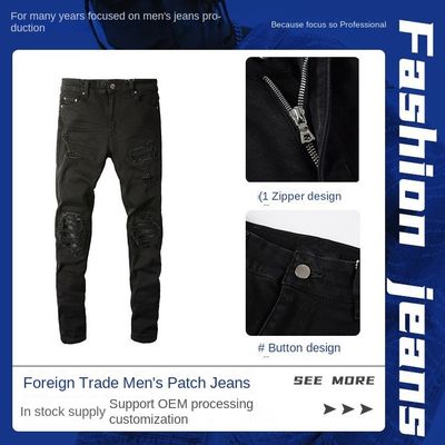 Tessuto nero casual traspirante strap stretch elastico designer patch uomo jeans pantaloni