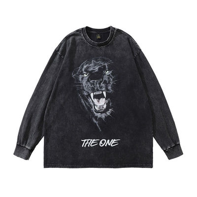 250 grammi Pullover da uomo lavato a manica lunga Retro Hip Hop Pullover a collo rotondo Tessuto