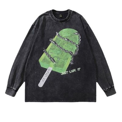 250 grammi Pullover da uomo lavato a manica lunga Retro Hip Hop Pullover a collo rotondo Tessuto