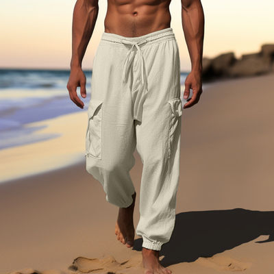 Pantaloni da uomo in disegno stampato e materiale di cotone e lino