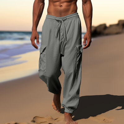 Pantaloni da uomo in disegno stampato e materiale di cotone e lino