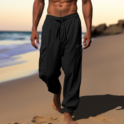 Pantaloni da uomo in disegno stampato e materiale di cotone e lino